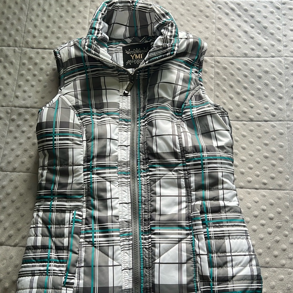 Cute YMI vest with white, grey, and blue flannel pattern